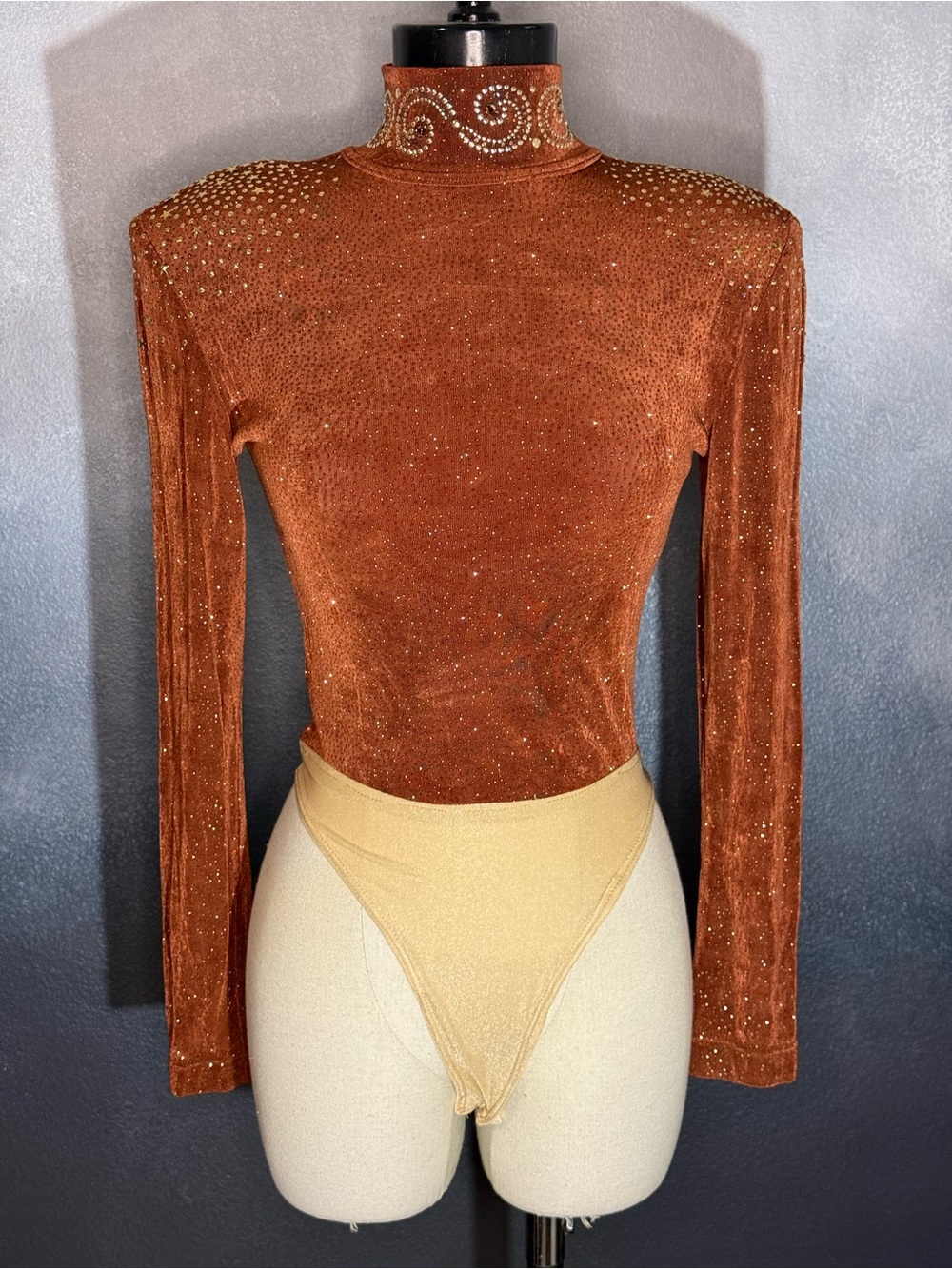 Vintage Dressed to Win Bronze Rhinestone Embellished Bodysuit | Size Medium |USA